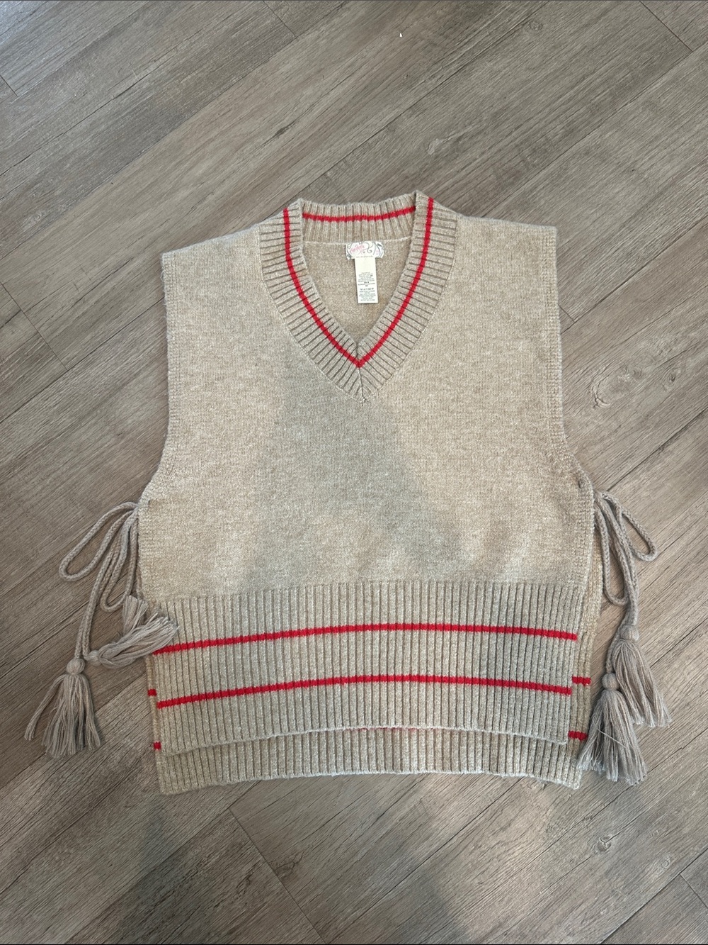 Free People Beige Knit Sweater with Red Stripe